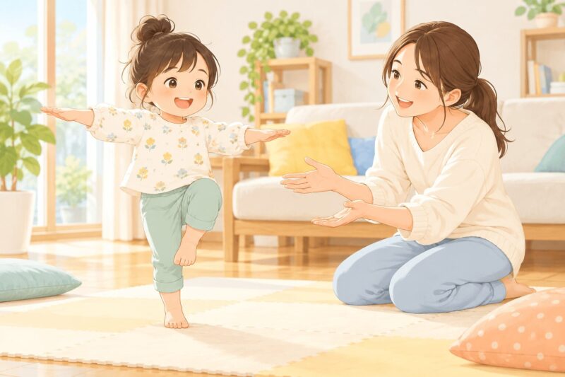 片足立ちチャレンジでバランス感覚と体幹を育てる子どものイラスト