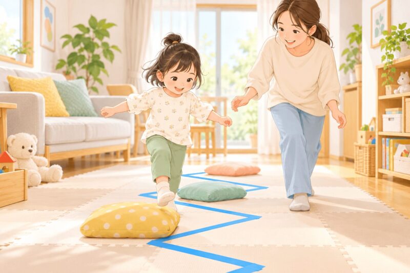 ジグザグ歩きとクッション飛び越えで体の使い方を練習する子どものイラスト
