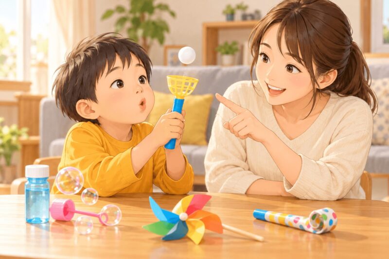 男の子がボール吹きおもちゃで息を吹いてボールを浮かせるイラスト