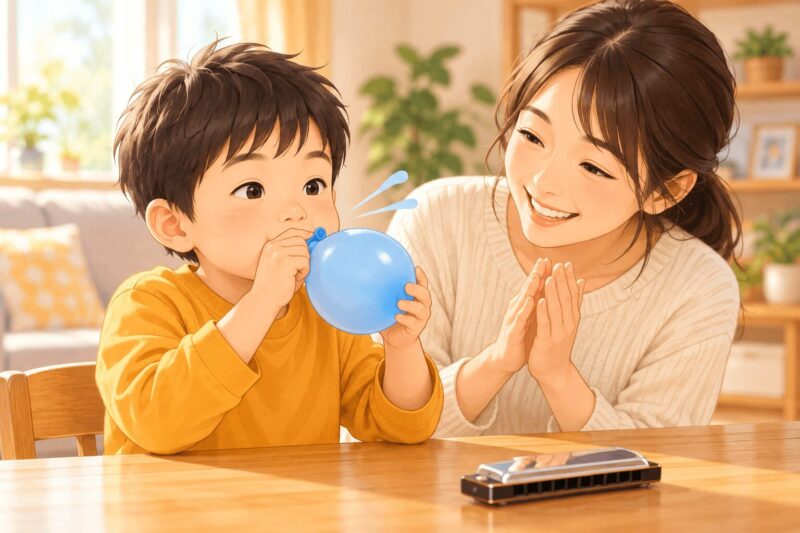 男の子が風船をふくらませながら母親に見守られる息の遊びのイラスト