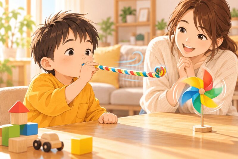 breath-play-blowout-pinwheel.png	男の子が吹き戻しと風車で息の強さを調整して遊ぶイラスト