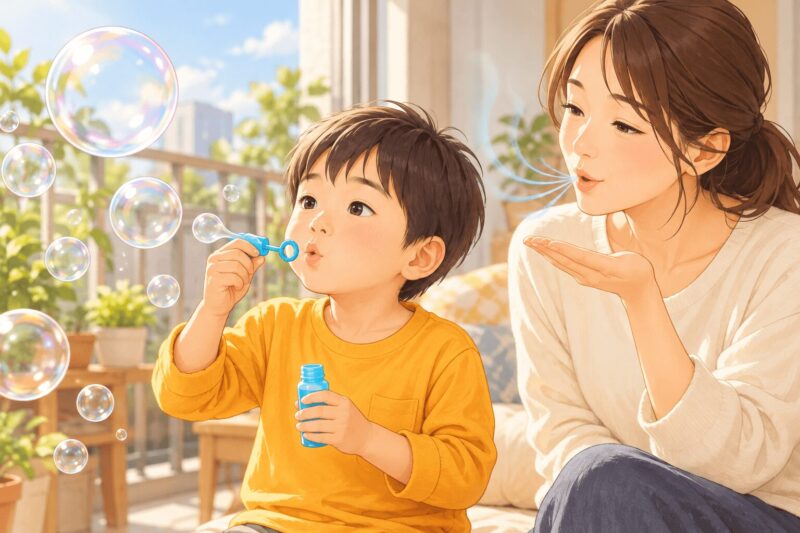 男の子がシャボン玉でゆっくり息を吐く練習をする親子のイラスト