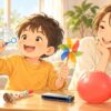 発語や吃音が気になる男の子が母親と息の遊びグッズで楽しく遊ぶイラスト