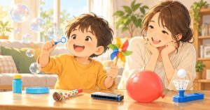 発語や吃音が気になる男の子が母親と息の遊びグッズで楽しく遊ぶイラスト