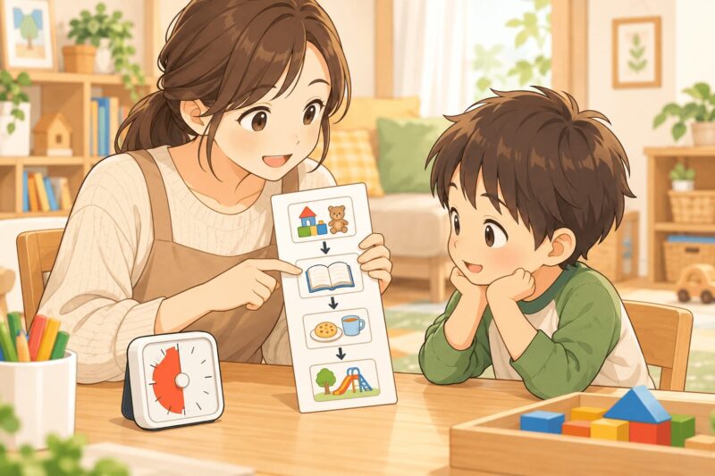指示が通りにくい子どもに母親が短い声かけとスケジュールカードで見通しを伝えているイラスト