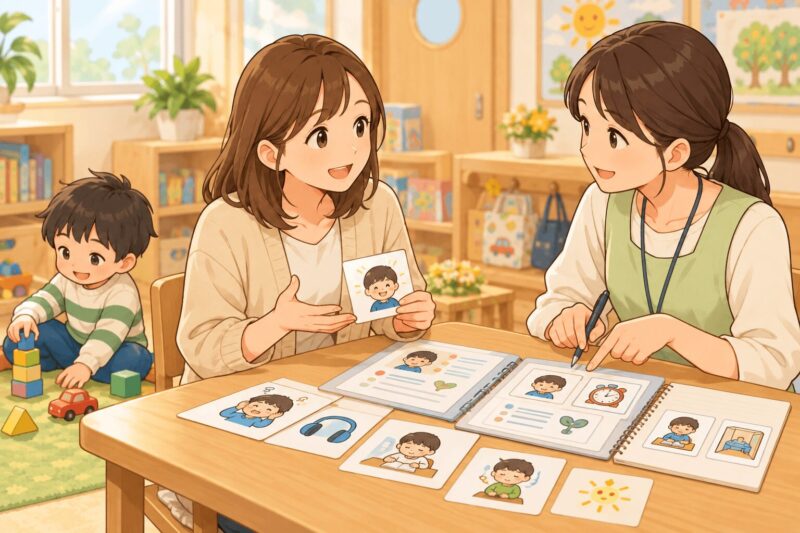 子どもの気になる行動の背景や家庭で効果があった支援を母親が先生に共有しているイラスト