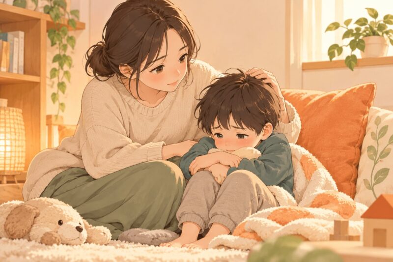 癇癪やパニックの背景にある不安や疲れを母親が落ち着いて受け止めているイラスト