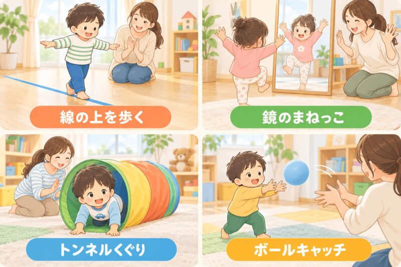 ボディイメージと空間認知を育てる遊びを4つ紹介する図解イラスト