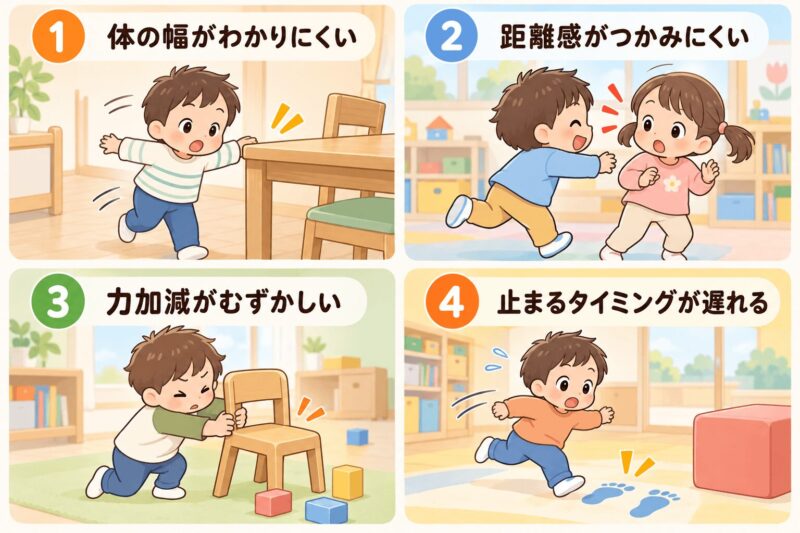 子どもが物や人にぶつかりやすい理由を4つに整理した図解イラスト