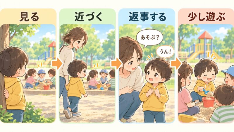 見る・近づく・返事する・少し遊ぶ流れで友達の遊びに入る練習をする図解イラスト