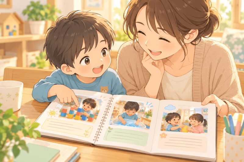 写真付きの活動報告を見ながら子どもと会話する母親のイラスト