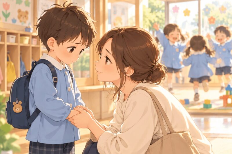 幼稚園でできないことに悩む子どもの言葉を受け止める母親のイラスト
