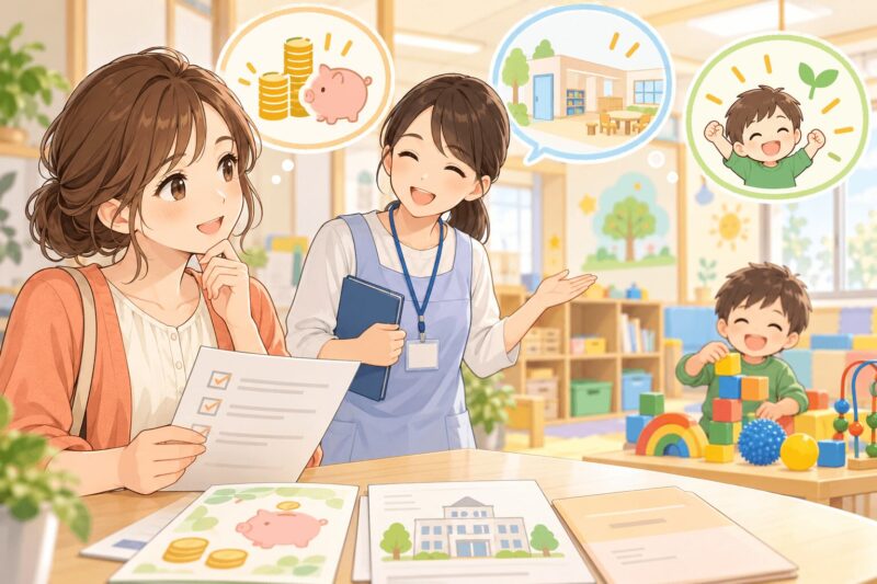 児童発達支援の費用助成を確認しながら事業所見学をする親子のイラスト