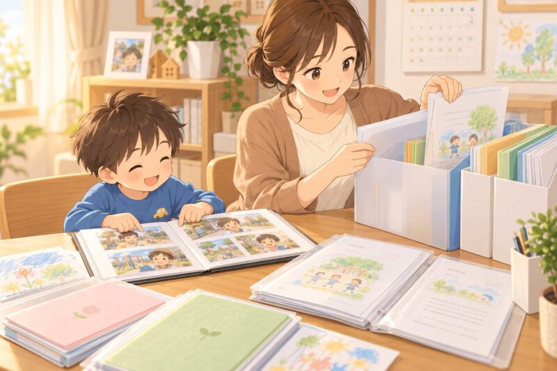 児童発達支援の連絡帳や活動報告を成長記録として整理する親子のイラスト