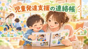 児童発達支援の連絡帳を親子で見ながら活動報告を確認するイラスト