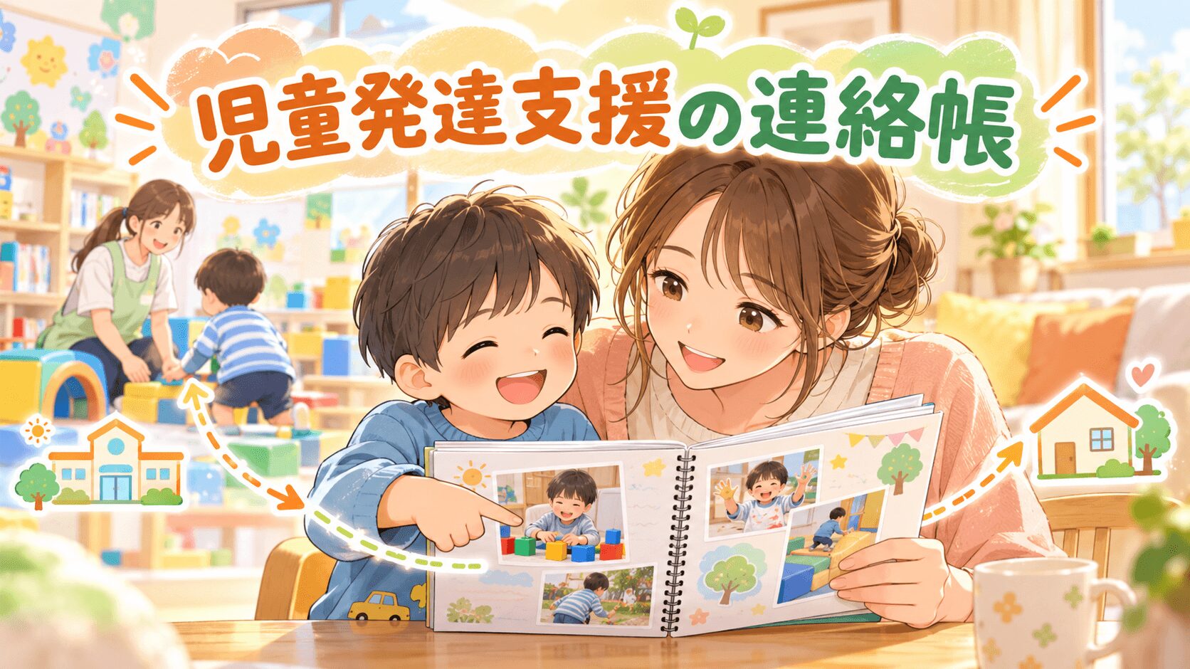 児童発達支援の連絡帳を親子で見ながら活動報告を確認するイラスト