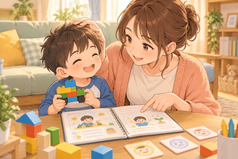 児童発達支援の連絡帳を見て家庭で子どもを褒める母親のイラスト