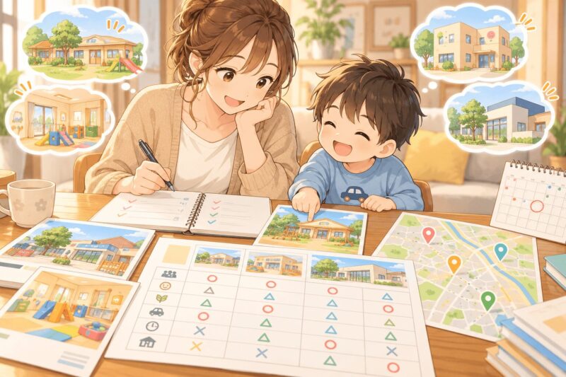 複数の児童発達支援事業所を見学後に比較する親子のイラスト