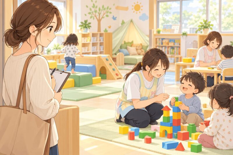 児童発達支援の見学前にノートや書類を準備する母親のイラスト