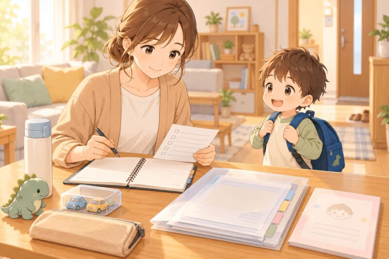 児童発達支援事業所の見学中に施設環境やスタッフの対応を確認する母親のイラスト