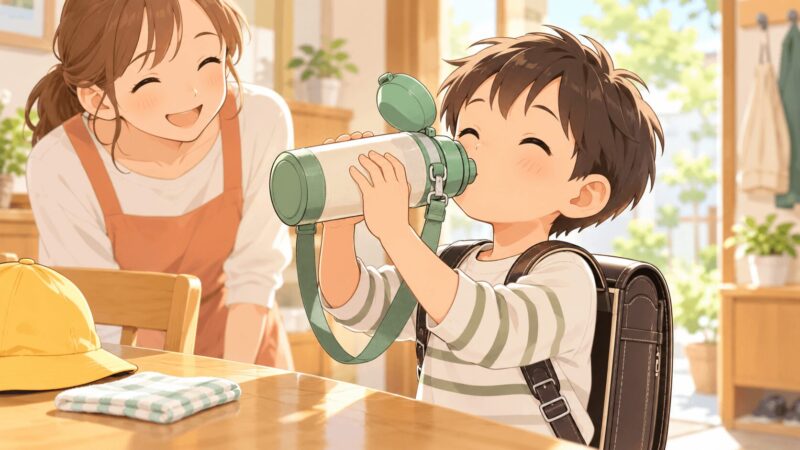 直飲み水筒で自分で水を飲めるようになった子どものイラスト
