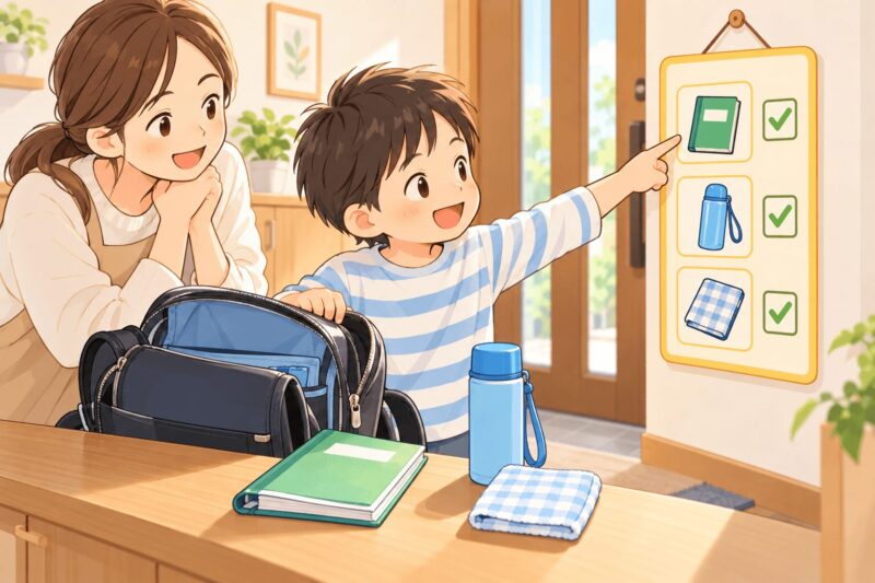 忘れ物が多い子どもが持ち物チェックリストで連絡帳や水筒を確認するイラスト