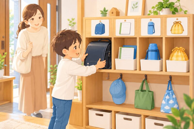忘れ物対策としてランドセルや水筒の置き場所を固定する家庭収納のイラスト