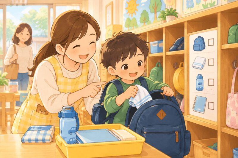 忘れ物が多い子どもを先生が帰りの準備チェックで支援するイラスト