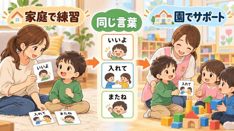 家庭で練習した言葉を園でも同じように使って支援する流れの図解イラスト