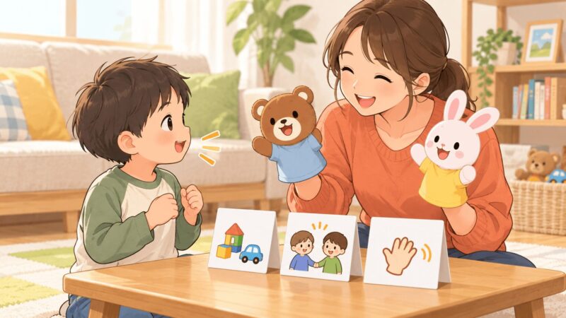 家庭で親子が人形と絵カードを使ってSSTのロールプレイをするイラスト