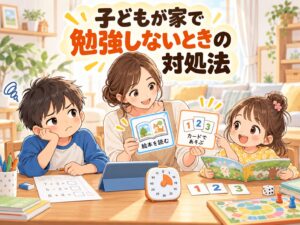 子どもが家で勉強しないときに絵本やカード、タブレットを提案する母親