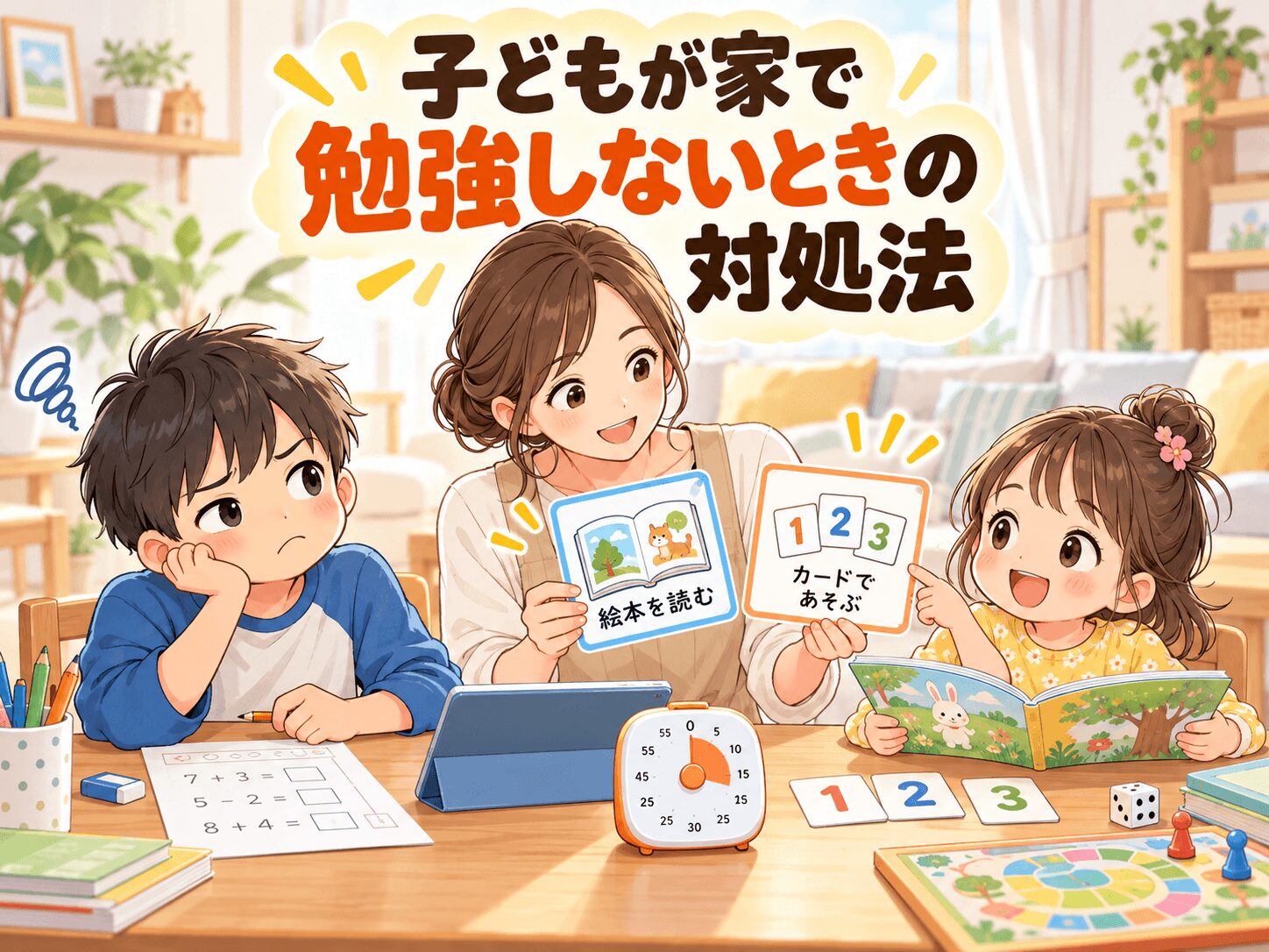 子どもが家で勉強しないときに絵本やカード、タブレットを提案する母親