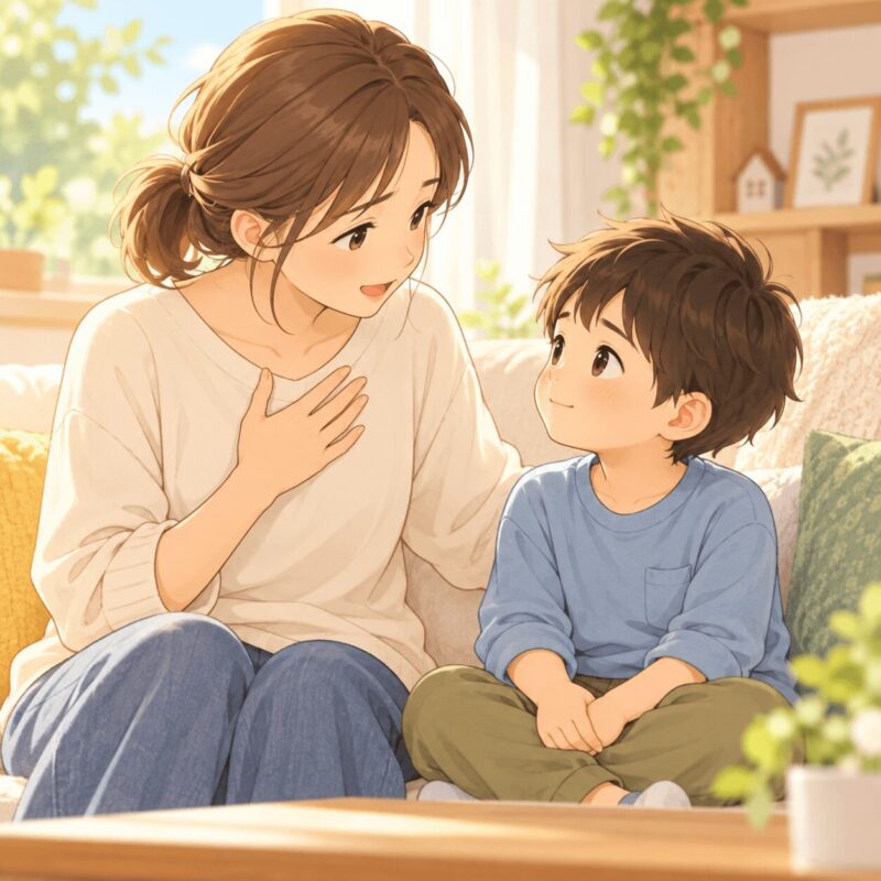 怒ってしまった後に子どもへ気持ちを伝えてフォローする母親のイラスト