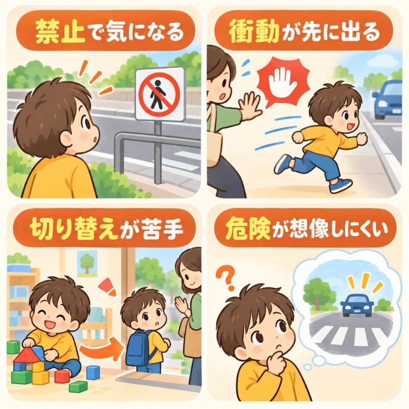 子どもが道路に飛び出しそうになる理由を4つに整理した図解イラスト