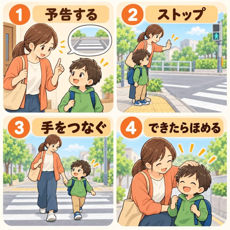 道路での安全ルーティンを予告・ストップ・手をつなぐ・褒めるの4段階で示した図解イラスト