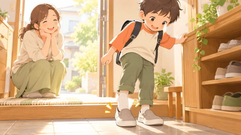 スリッポンに変えて立ったまま靴を履けるようになった子どものイラスト