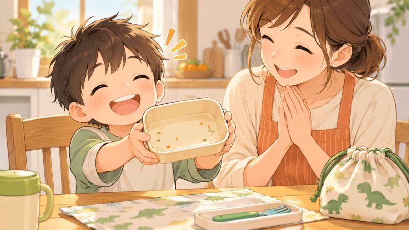 小さめのお弁当箱で完食できて喜ぶ子どものイラスト