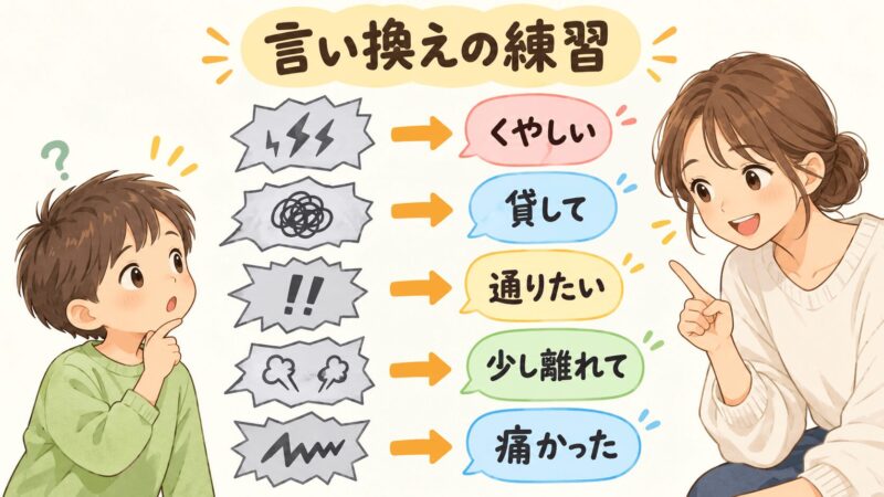 きつい言葉を悔しい・貸して・通りたいなどの言葉に言い換える練習のイラスト