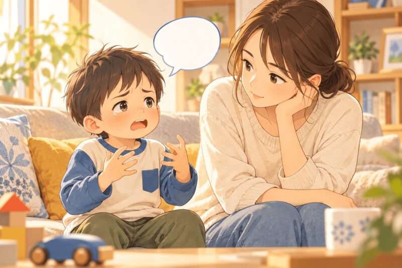 吃音で言葉が出にくい男の子に母親が寄り添うイラスト