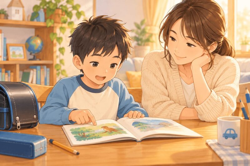 小1の男の子が音読の宿題に取り組み母親が見守るイラスト