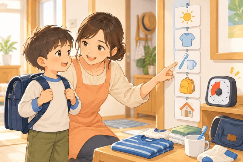 ADHDの子どもに家庭でできる視覚支援と短い声かけのサポートをするイラスト