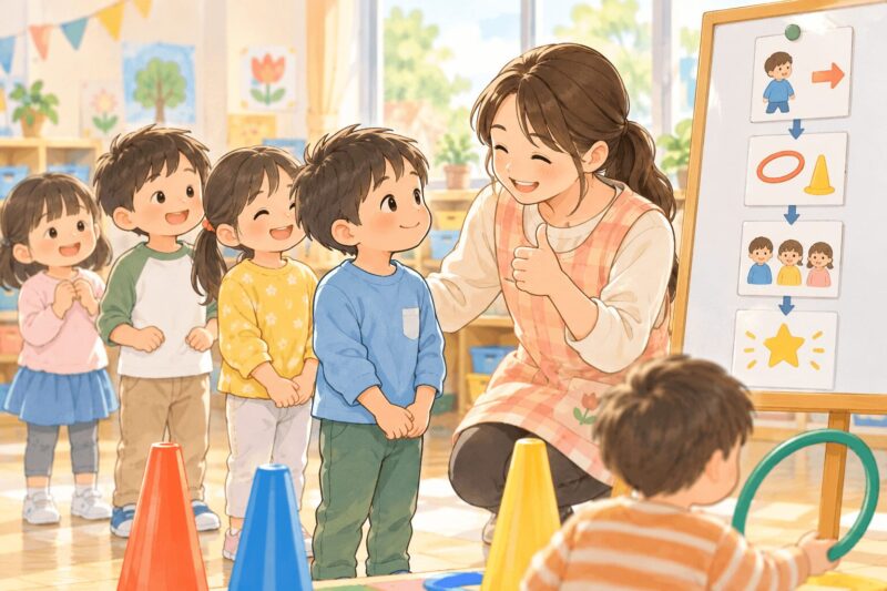 ADHDの子どもを園や学校で先生が見えるルールと声かけで支援するイラスト
