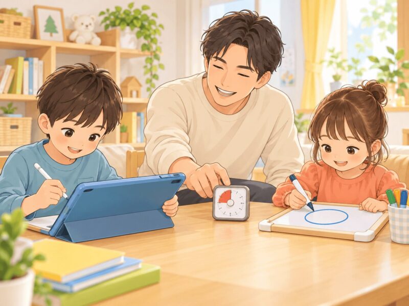 タブレットとホワイトボードで家庭学習に取り組む男の子と女の子