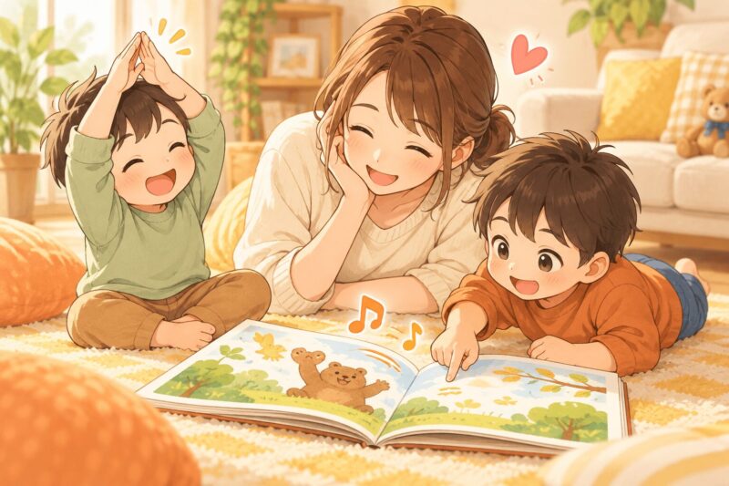 母親と兄弟が絵本を見ながら言葉のリズムを一緒に楽しむイラスト