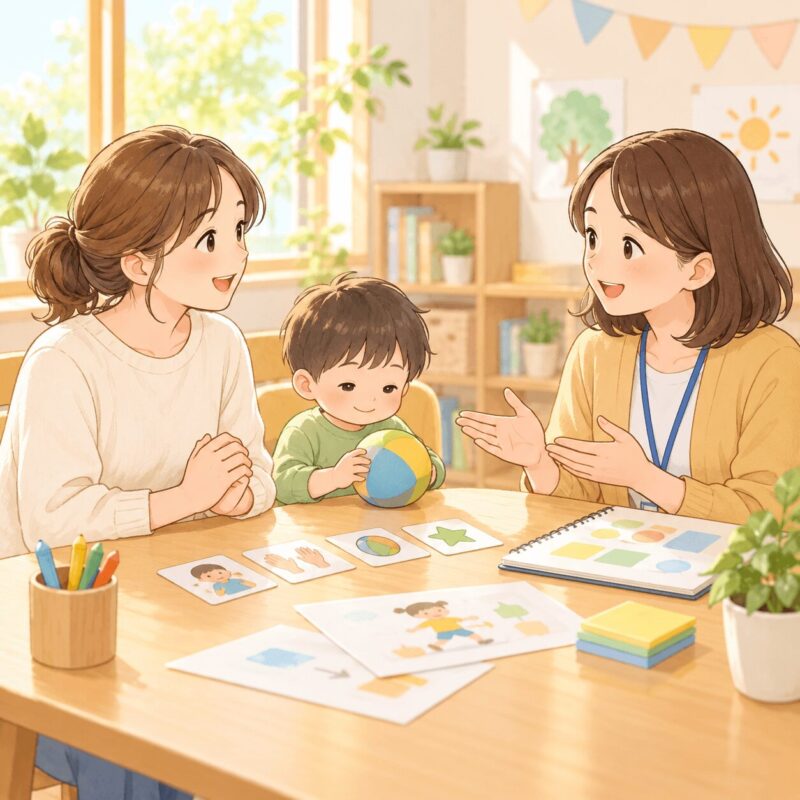 発達性協調運動症が気になる子どもについて母親が支援者に相談するイラスト
