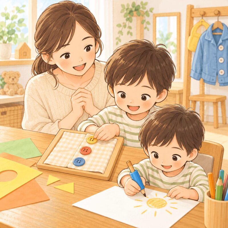子どもがボタン練習や鉛筆グリップを使って手先の練習をするイラスト