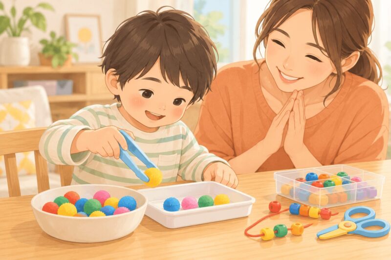 手先が不器用な子どもがトングや紐通しで指先の練習をするイラスト