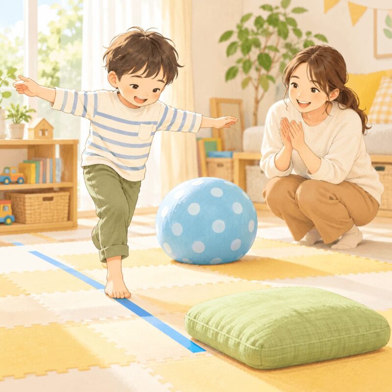 運動が苦手な子どもが線の上を歩きながらバランス練習をするイラスト