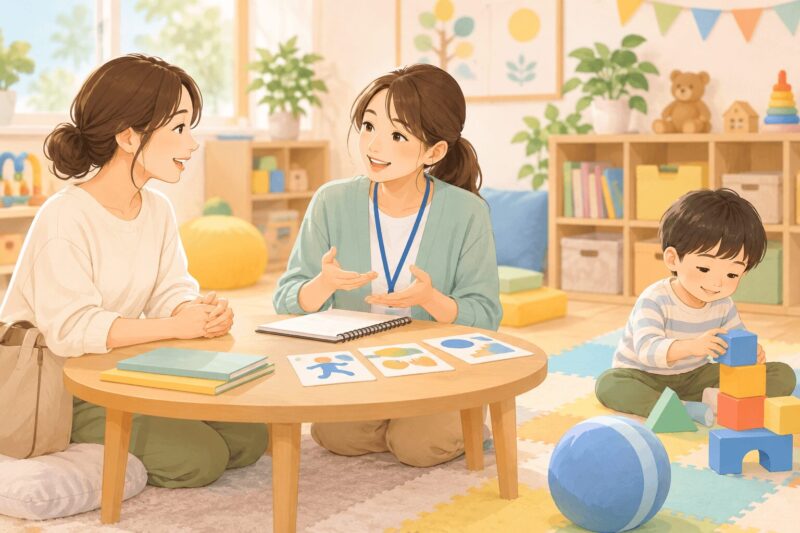 DCDの子どもの支援について母親が専門家や先生に相談するイラスト