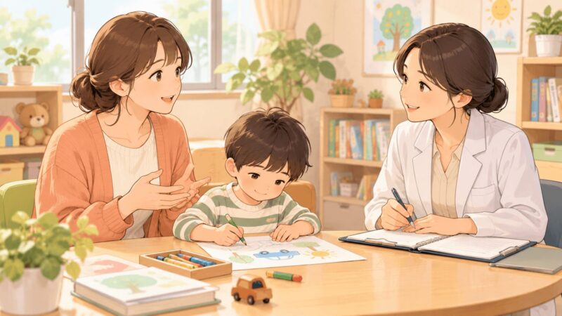発達クリニック診断後の経過観察で母親が医師に学校生活や家庭での困りごとを相談しているイラスト